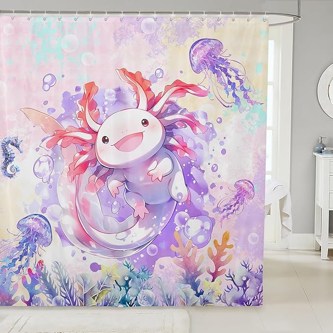 Feelyou Boys Girls Cute Axolotl Bathroom Shower Curtain Set Ocean Sealife Bath Curtain for Cartoon Salamander Shower Curtain Kids Kawaii Teens Bathroom Accessories Room Decor 72"x72"