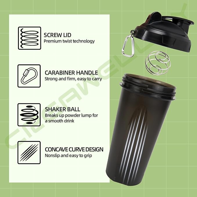 3 Pack Protein Shaker Bottle, 24 oz Protein Shaker Cup with Wire Shaker Ball for Pre Workout, Shake Bottle with Carrying Handle, BPA-Free & Dishwasher Safe (Black, White, Blue)