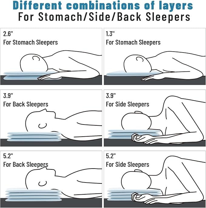 Cervical Neck Thin Pillow Flat Firm Memory Foam Adjustable Pillows from 1.3 to 5.2inch for Stomach Side Back Sleeper with 2 Pillowcases (Blue+Basics)