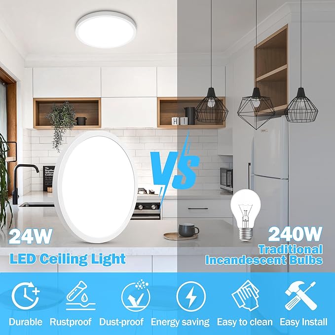 SunRider 4 Pack 12 Inch LED Flush Mount Ceiling Light, 2400LM, 5000K Daylight White, 24W Dimmable Modern Slim Round Flat Ceiling Lights for Bedroom