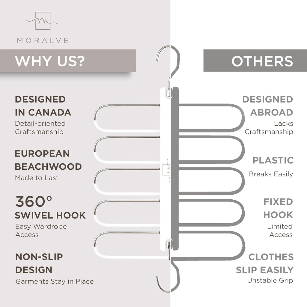 MORALVE Pants Hangers Space Saving - European Beechwood Scarf and Jean Hangers - Closet Organizer and Space Saver Pant Rack, Leggings Hanger, and Scarf Holder with 360° Swivel Hook (1 Pack)