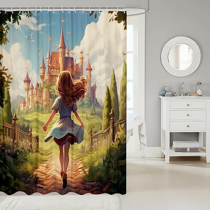 Feelyou Pretty Girl Bathroom Waterproof Accessories with 12 Hooks Castle Fabric Shower Curtain for Girls Pricess Style Shower Curtain Fancy Theme Curtains,72x84 Inches