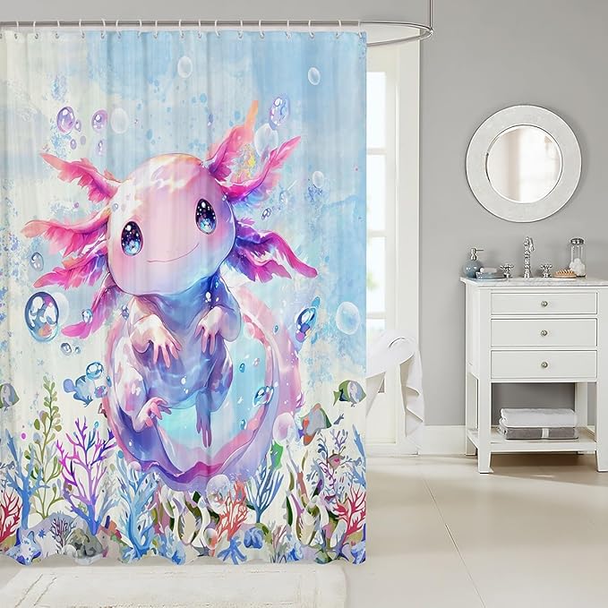 Feelyou Boys Girls Cute Axolotl Shower Curtain Ocean Sealife Bathroom Shower Curtain Set Kids Kawaii Bath Curtain Cartoon Salamander Teens Bathroom Accessories Room Decor 72"x84"