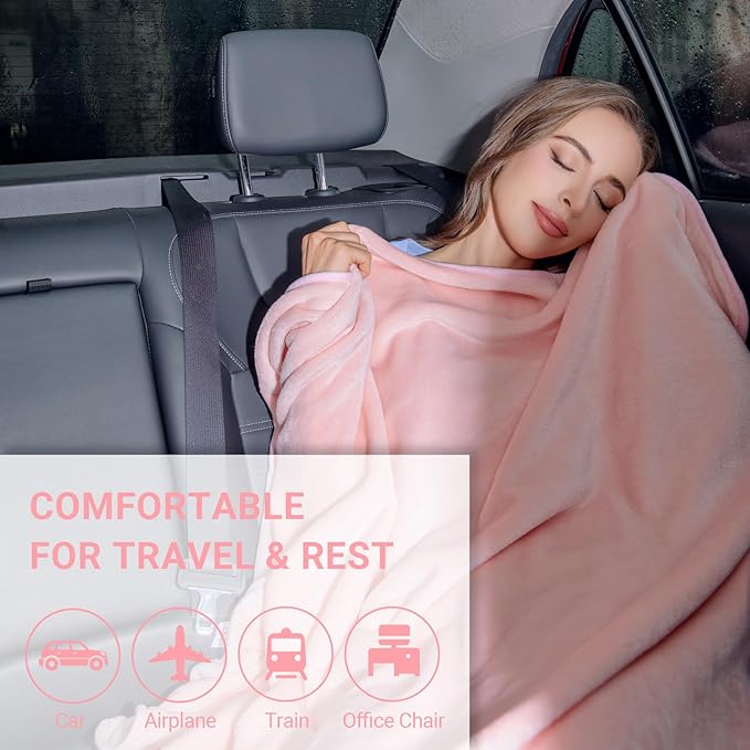 3 in 1 Travel Pillow and Blanket Set, Premium Soft 300 GSM Thick Airplane Blanket Compact with Bag for Long Trips Essentials, Hand Luggage Sleeve and Backpack Clip (Pink)