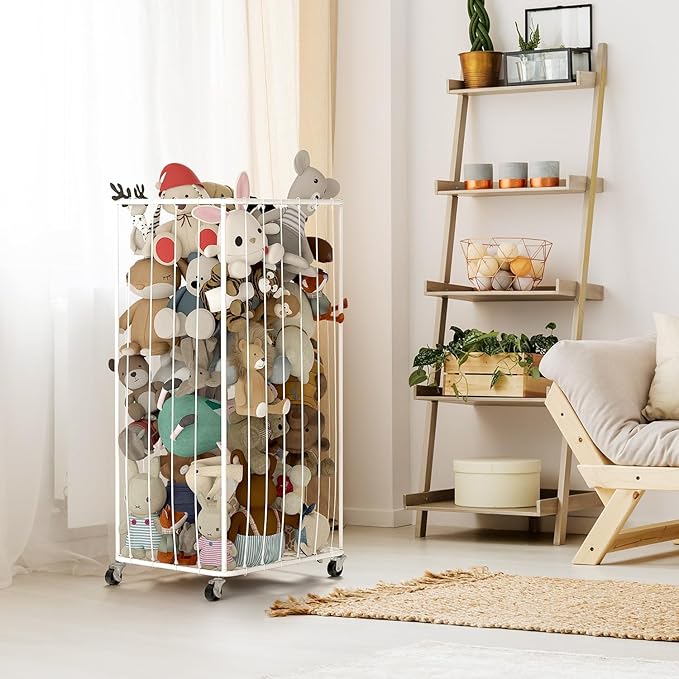 210L Stuffed Animal Organizer Plush Toy Storage Organizer Toy Storage Basket, Kids Toy Storage Bins with Wheels, Metal Frame and Elastic Cord Design, Suitable for Storage of Any Stuff