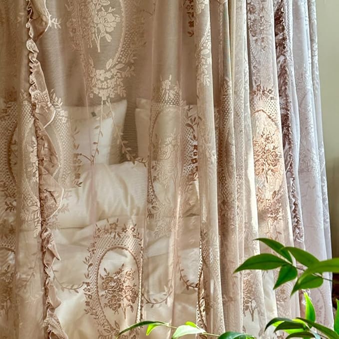 Elegant Lace Princess 4 Corner Post Mosquito Net Romantic for Girls Women Bed Curtain Canopy for Adult Wedding Bedroom Kids Rooms Decoration (Coffee, Queen)