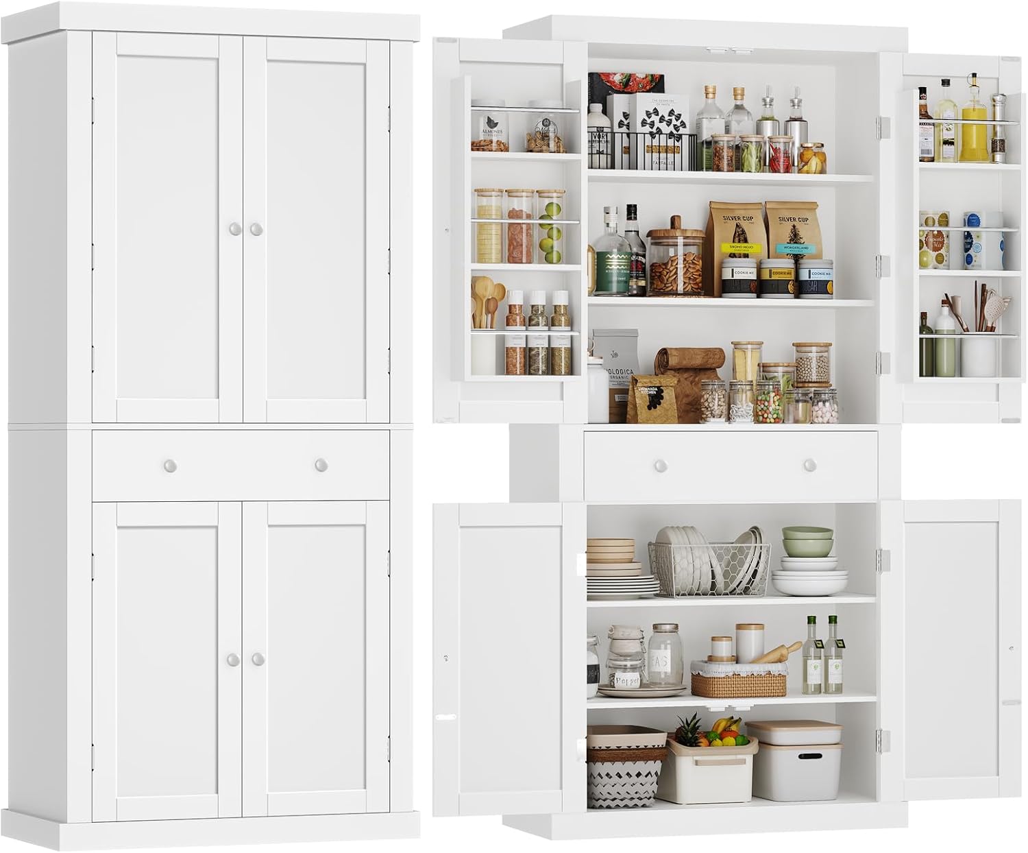 usikey 72” Pantry Cabinet, Tall Kitchen Storage Cabinet with 4 Doors and 1 Drawer, Cupboard with 6 Hanging Shelves and Adjustable Shelves for Kitchen, Dining Room, Living Room, White