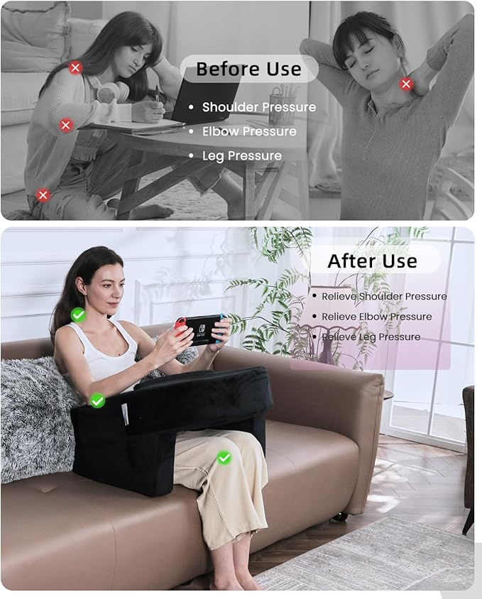 Weighted Idea Reading Pillow for Gaming, Meduim Gaming Pillow for Adult，Table Pillow with 2 Side Pockets for Gaming, Reading, Working Sitting in Bed Floor Sofa (Black)