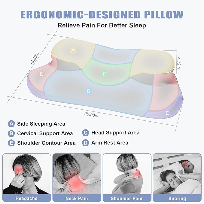 Ergonomic Memory Foam Pillow for Neck Pain Relief,Neck Support Pillows for Sleeping,Cooling Pillows for Neck and Shoulder Pain,Ideal Cervical Pillow for Side,Back,and Stomach Sleepers,Grey