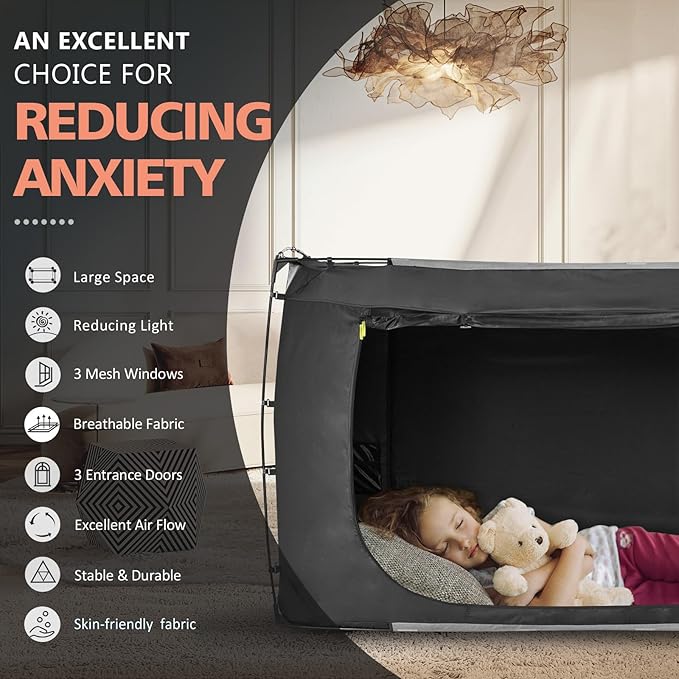 Bed Tent Bed Canopy Bunk Twin Size Tents for Adult and Kids- Portable Dream Tent Indoor Sleeping Tents 70% Blackout with 3 Doors Breathable Big Space Tents