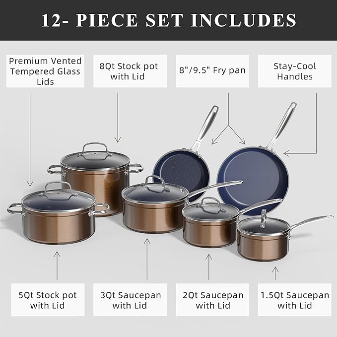 Nuwave Healthy Duralon Blue Ceramic Nonstick Cookware Set, Diamond Infused Scratch-Resistant, PFAS Free, Dishwasher & Oven Safe, Induction Ready & Evenly Heats, Tempered Glass Lids & Stay-Cool Handles