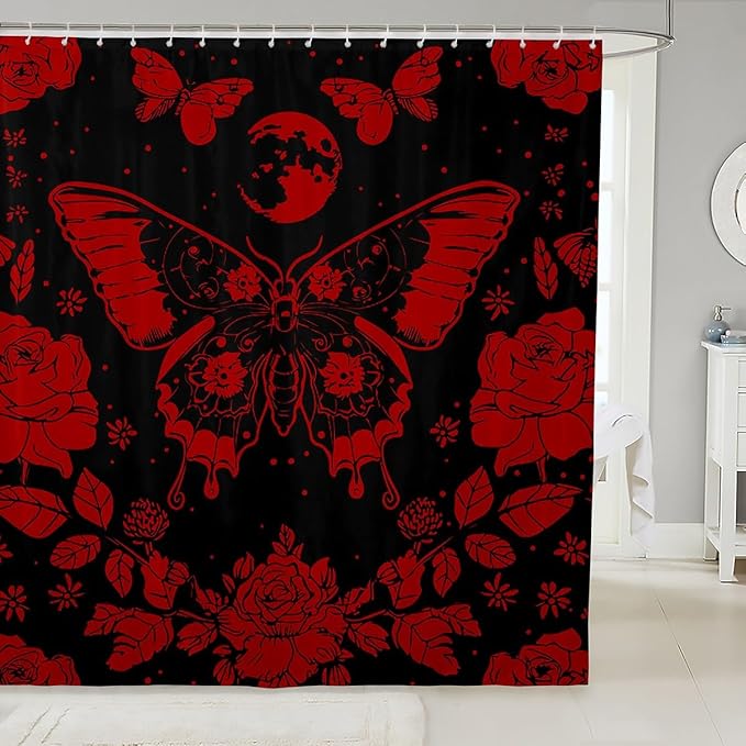 Feelyou Red Butterfly Fabric Shower Curtain Cover Botanical Floral Shower Curtain for Kids Boys Girls Butterflies Bathroom Waterproof Accessories with 12 Hooks Flying Curtains,72x78 Inches