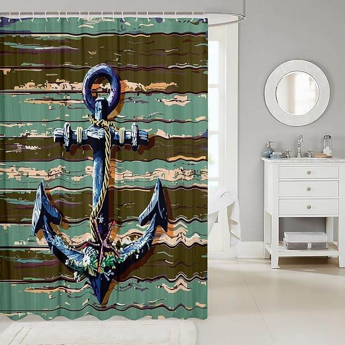 Feelyou Anchor Nautical Shower Curtain Wooden Anchor Decor Fabric Shower Curtain for Kids Boys Girls Vintage Green Bathroom Waterproof Accessories with 12 Hooks Rustic Farmhouse Curtains,72x84 Inches