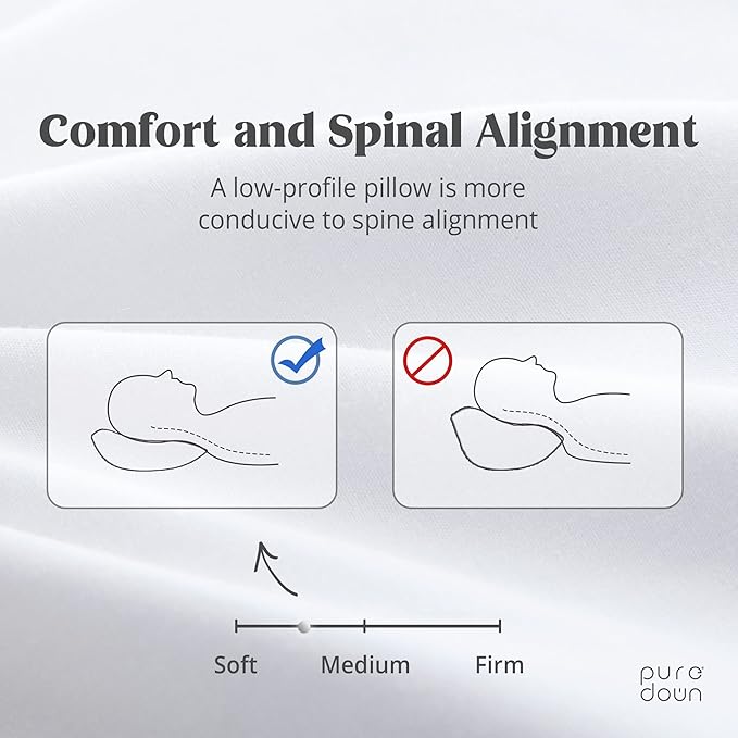 puredown® Goose Feather Down Blend Soft and Flat Pillow for Sleeping Cotton Cover, Queen Size, Set of 2