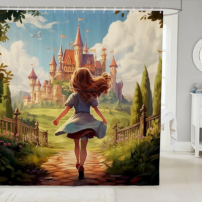 Feelyou Pretty Girl Bathroom Waterproof Accessories with 12 Hooks Castle Fabric Shower Curtain for Girls Pricess Style Shower Curtain Fancy Theme Curtains,72x78 Inches