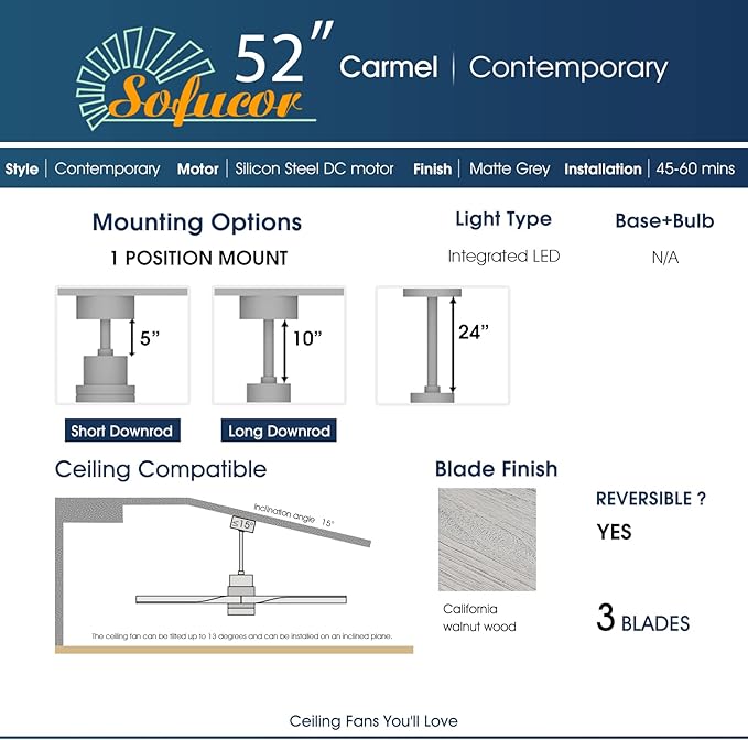 Sofucor 52 Inch Ceiling Fans with Lights and Remote Control, Indoor Outdoor Mordern Wood Ceiling Fan with Reversible Quiet DC Motor, 6 Speed, 3 Downrods, for Farmhouse Bedroom Patio Balcony