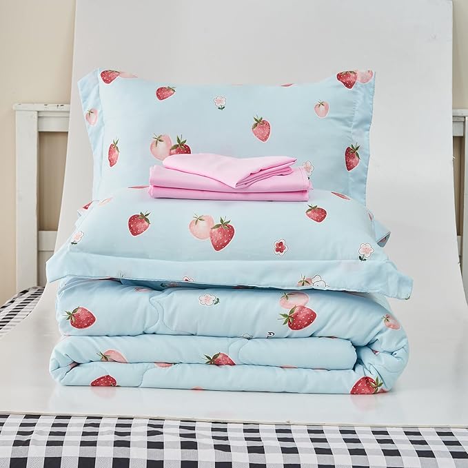 Wajade Kids Strawberry Comforter Set Bed in A Bag Full Size 7 Piece Blue 3D Cute Strawberry Fruit Bedding Set for Girls Boys (1 Comforter, 1 Flat Sheet, 1 Fitted Sheet, 2 Pillowcase and 2 Pillow Sham)