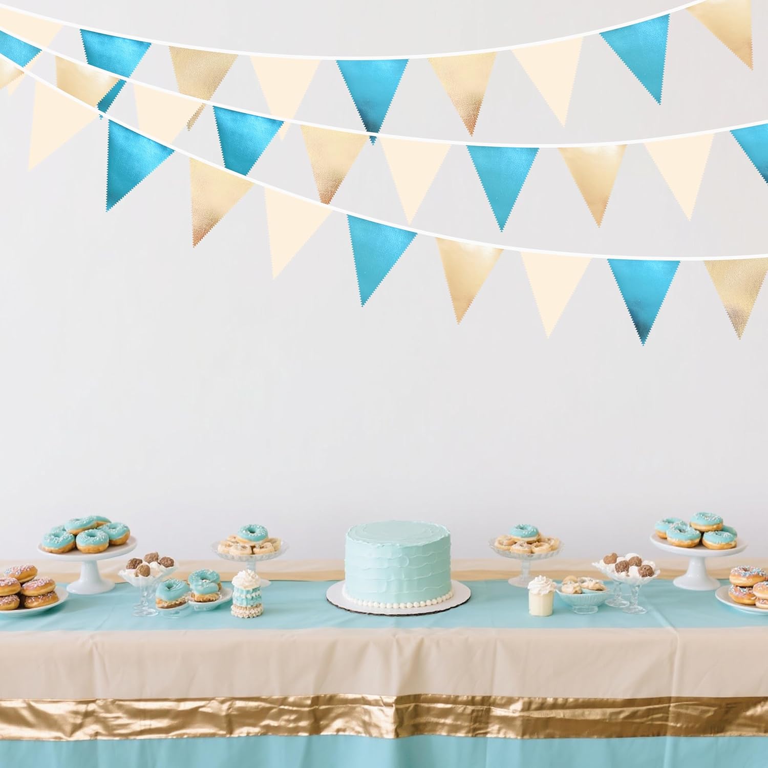 Champagne Gold Sky Blue Beige Decorations Metallic Fabric Triangle Pennant Banner Bunting Flag Garland for Birthday Baby Shower Engagement Wedding Graduation Bridal Shower Party Decorations Supplies