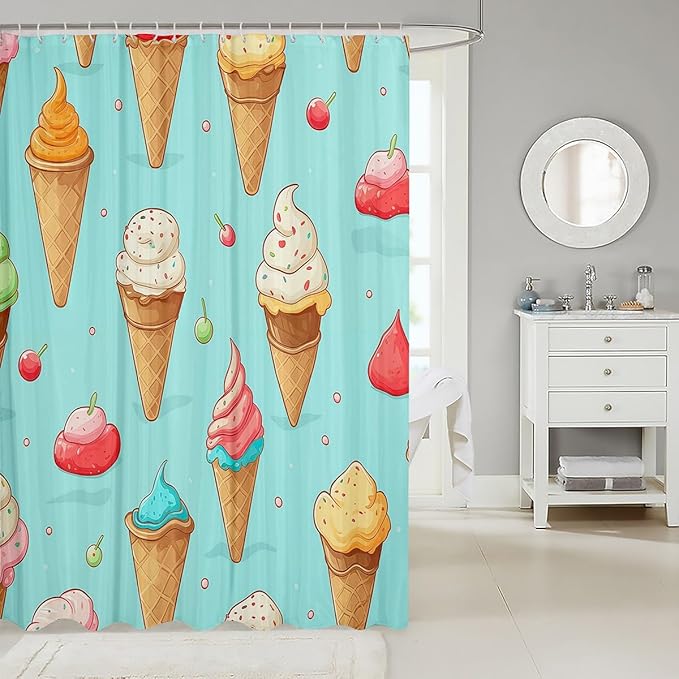 Feelyou Ice Cream Fabric Shower Curtain for Girls Boys Kids Blue Cartoon Bathroom Waterproof Accessories with 12 Hooks Cherry Shower Curtain Yummy Food Curtains,72x78 Inches