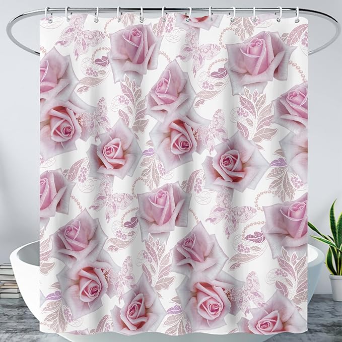 AILONEN Girls Rose Shower Curtain 72" W*72" H, Pink Rose Shower Curtain with 12 Hooks,Waterproof Floral Shower Curtain for Bathroom,Romantic Flower Pink Shower Curtain