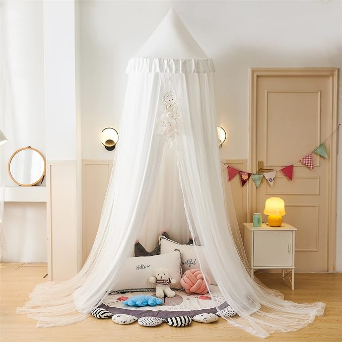 VETHIN Bed Canopy for Kids with Lights,Double Layer Princess Round Dome Children Dreamy Mosquito Net Bedding Girls Room Castle Play Tent Hanging House Decor Reading Nook Canopies(White/White)