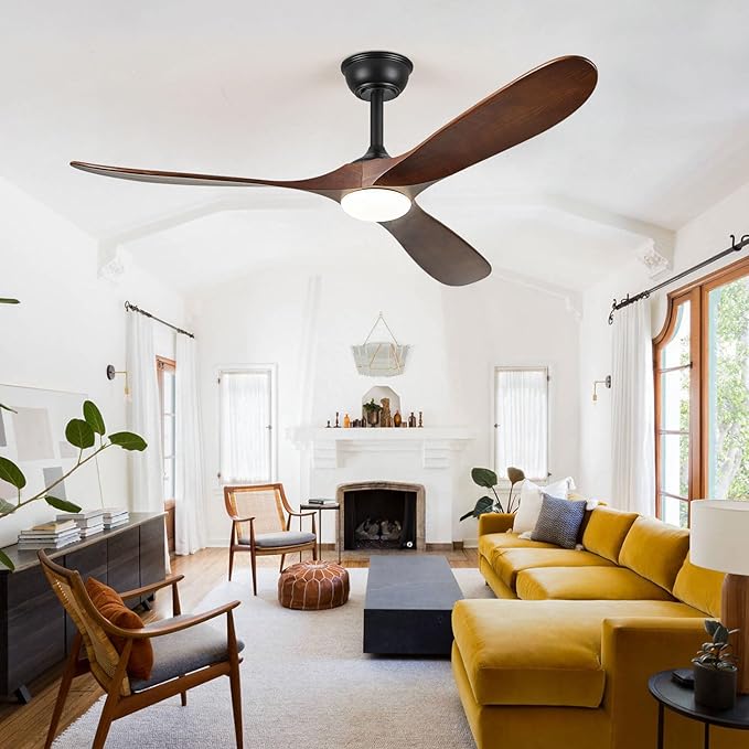 52" Ceiling Fans with Lights, 52 inch Ceiling Fan with Lights, High cfm Quiet 3 Blade Wood Walnut Ceiling Fan, Large Modern Ceiling Fan with Remote, Propeller Fans for Patios,Dark Walnut
