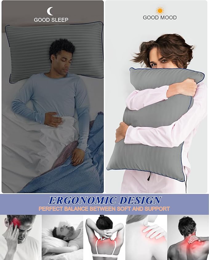 Hotel Pillows for Sleeping Standard Size Set of 2, Soft Down Alternative Pillow for Side, Back or Stomach Sleeper, Light Grey