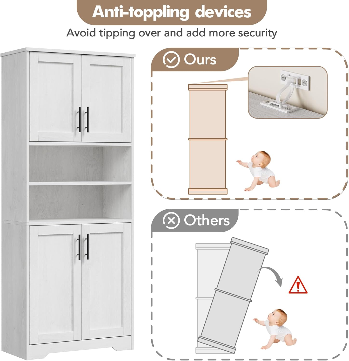 GarveeHome 67" Tall Storage Cabinet, Tall Bathroom Cabinet with 4 Doors and Adjustable Shelves, Freestanding Kitchen Pantry Cabinets, Cupboard for Living Room, Dining Room, Antique White