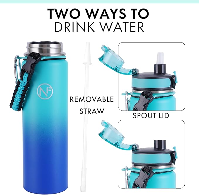 32 oz Insulated Water Bottle With Detachable Straw & Paracord Handle, Stainless Steel Thermos Water Bottle with Leakproof Lockable Lid, BPA-Free Sports Bottle (Lake Blue Gradient)