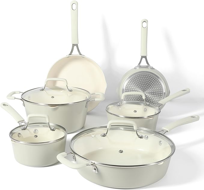 Martha Stewart Heathland Premium Nonstick PFA Free Ceramic Interior 10-Piece Tapered Aluminum Cookware Set - Linen White