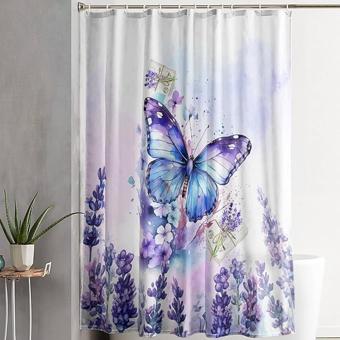 AILONEN Beautiful Butterfly Shower Curtain Bathroom 48" W*72" H Purple Butterfly Curtain Cloth Fabric Bathroom for Girls Kids,Deep Color Shower Curtain Set