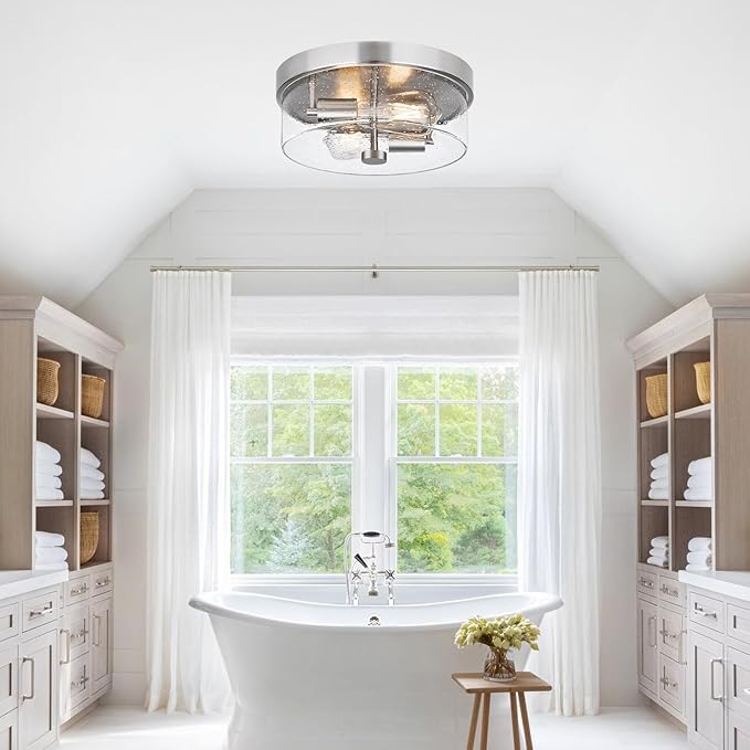 Flush Mount Ceiling Light Fixtures, 2-Light 12 Inch Brushed Nickel Close to Ceiling Light Fixtures with Seeded Glass Shade Ceiling Light Fixture for Porch, Hallway, Bathroom, Dining Room and Foyer