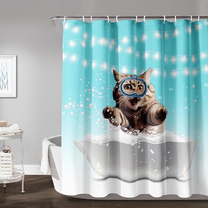 AILONEN 3D Bathtub Cat Shower Curtain for Kids 72" W*96" H Inch,Kawaii Diving Cat Leaps Out of Bathtub Shower Curtain,12 Pack Hooks Polyester Waterproof Fabric Decor for Bathroom Bathtub Panels