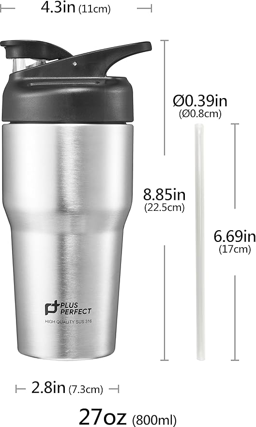 27 OZ 316 Stainless Steel Vacuum Insulated Travel Mug With Leak Proof Flip For Both Straw & Spout, Double Walled Seamless to Keep Hot And Cold, Sliver