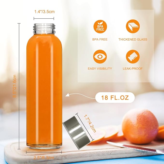 12 Pack 18oz Clear Glass Water Bottles, Juice Bottle with Stainless Steel Lid, Reusable Refillable Bottles for Storing Beverages Juice