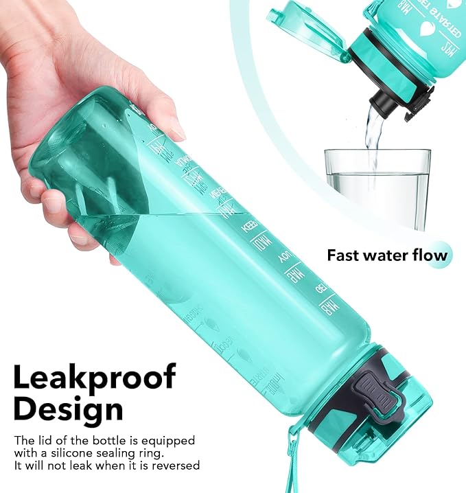 32oz/26oz Motivational Water Bottle with Time Marker & Fruit Strainer, Leak-proof BPA Free Non-Toxic 1l Bottle with Carrying Strap, Perfect for Fitness, Gym and Outdoor Sports Plastic