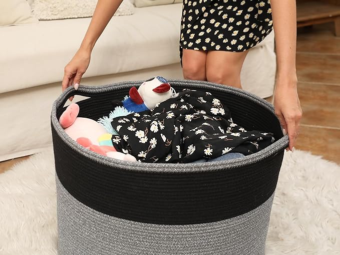 24" x 24" x 17" Max Size Large Cotton Rope Basket, Extra Large Storage Basket, Woven Laundry Hamper, Cloth Storage Bin, for Blankets Clothes Towels Pillows in Living Room, Black in Grey Mix