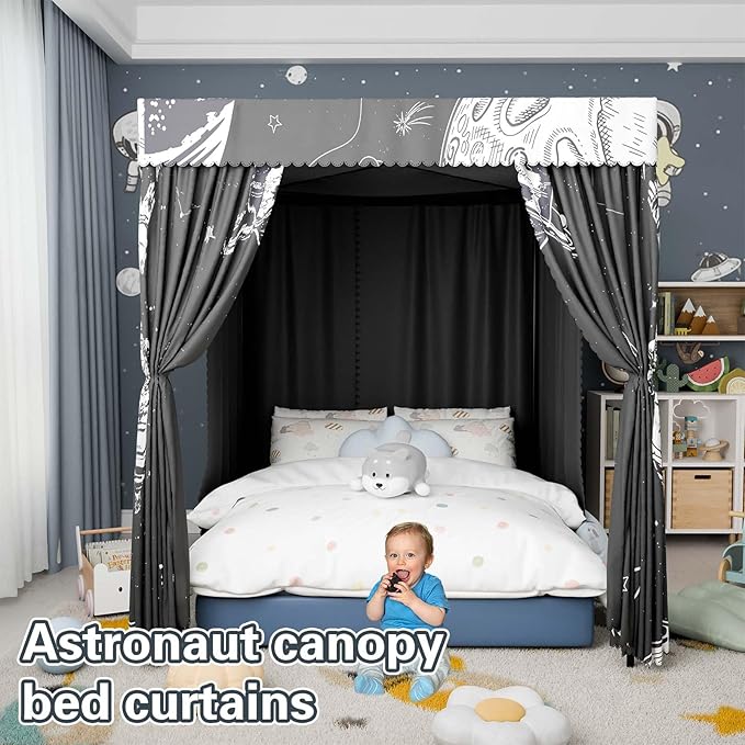 Astronaut Canopy Bed Curtains - 4 Corner Post Bed Curtains Canopy Twin Bed Canopy Curtains for Children Girls Bedroom Decoration(Astronaut, Twin)