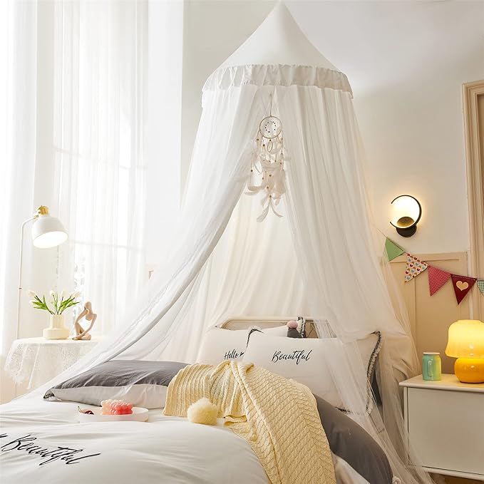 VETHIN Bed Canopy for Kids with Lights,Double Layer Princess Round Dome Children Dreamy Mosquito Net Bedding Girls Room Castle Play Tent Hanging House Decor Reading Nook Canopies(White/White)