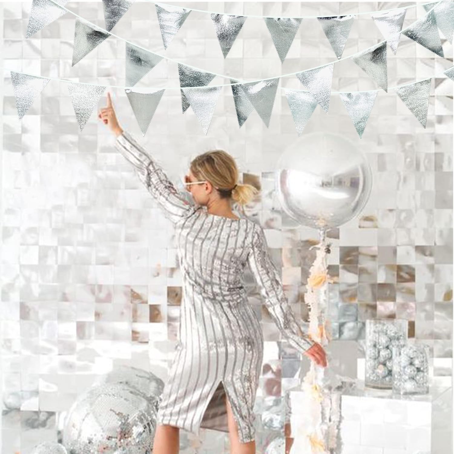 Silver Party Decorations Metallic Fabric Triangle Pennant Banner Silver Flag Bunting Garland for Graduation Birthday Wedding Bridal Shower Anniversary Engagement Bachelorette Party Decoration Supplies