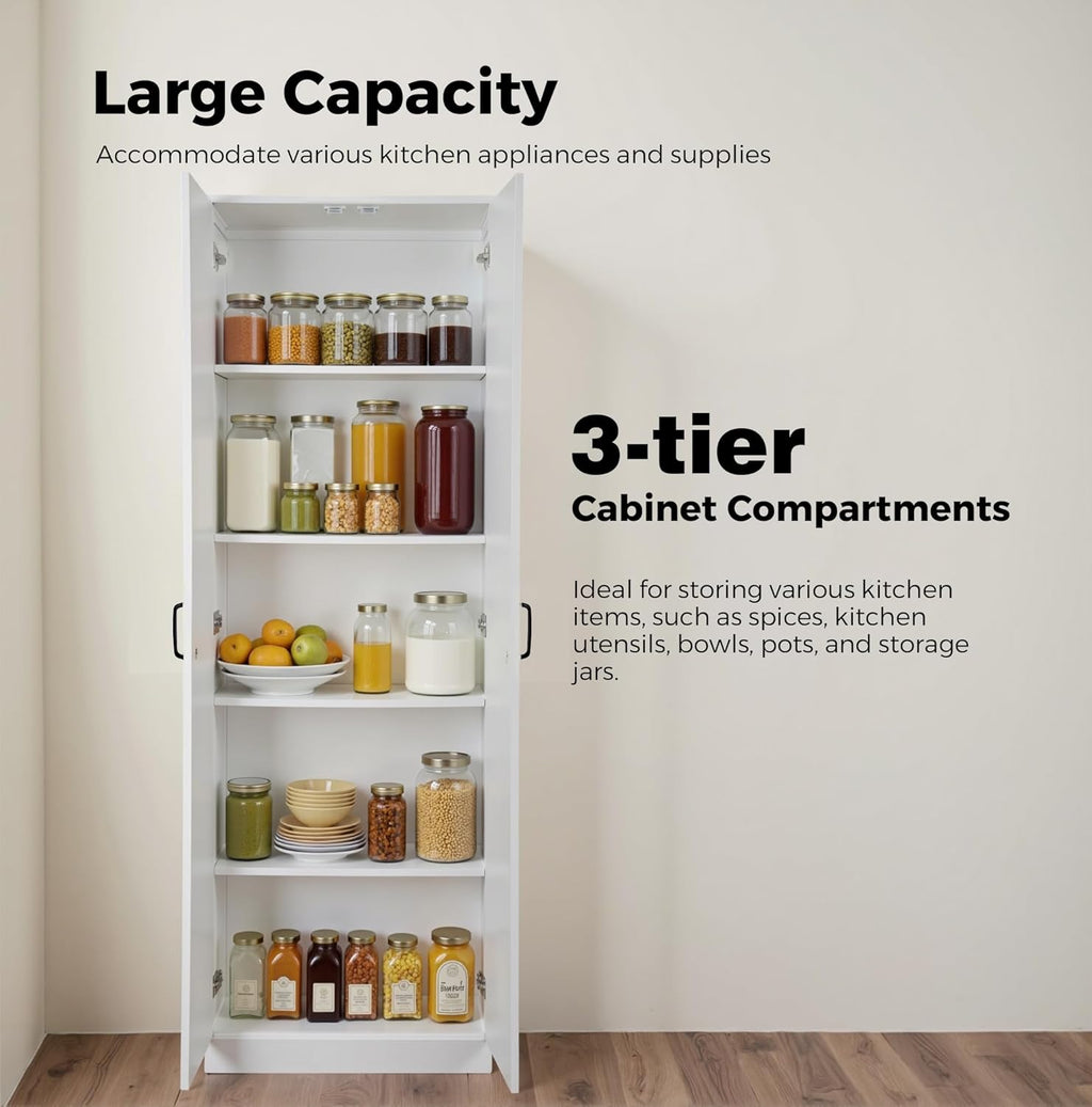 71" Tall Pantry Cabinet/Storage Cabinet, Wood Cupboard with 2 Door and 3 Adjustable Shelves for Kitchen, Dining Room, Living Room, Bathroom (Style 2)