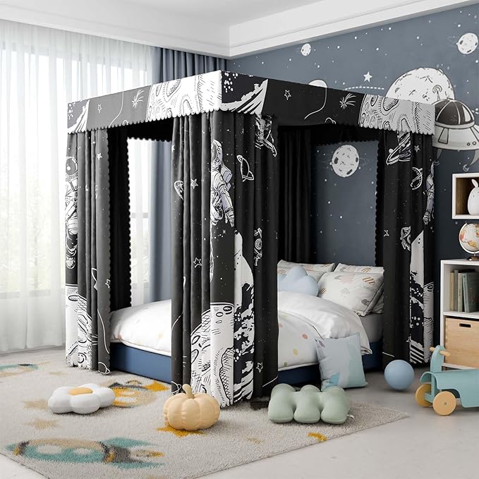 Astronaut Canopy Bed Curtains - 4 Corner Post Bed Curtains Canopy Twin Bed Canopy Curtains for Children Girls Bedroom Decoration(Astronaut, Twin)