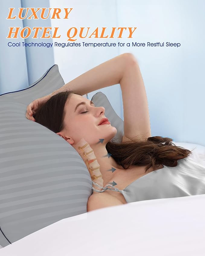 Bed Pillows for Sleeping Queen Size, Set of 2- Cooling, Luxury Hotel Quality with Premium Soft Down Alternative Filling for Back, Stomach or Side Sleepers, Light Grey