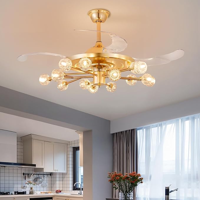 Sputnik Crystal Ceiling Fan Chandelier: 42" Gold Fandelier Ceiling Fans with 15 Lights and Remote Modern - Retractable Fandelier Ceiling Light for Living Dining Room Kitchen Bedroom