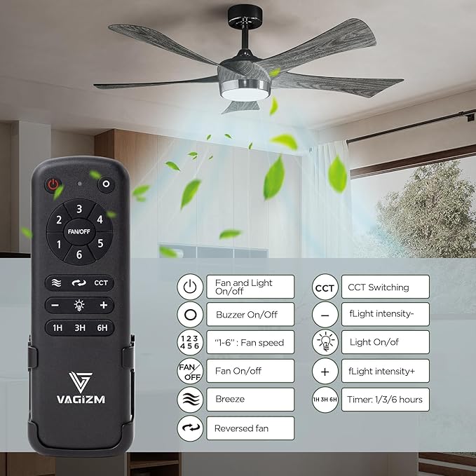 Ceiling Fan With Light Remote: 52 Inch Modern Bedroom Fans with Dimmable Tri-Color Temperatures LED - Water Transfer Printing 5 Blades