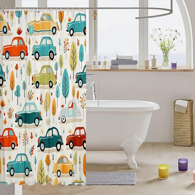 Feelyou Cartoon Car Shower Curtain Boys Girls Luxury Car Fabric Shower Curtain for Kids Colorful Tree Bathroom Waterproof Accessories with 12 Hooks Colorful Car Curtains,72x72 Inches