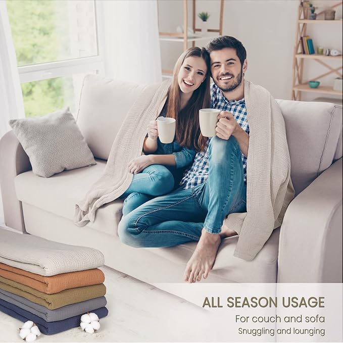 Lulu moon Muslin Blankets for Adults 55”x75” - Couch Throw Blanket for Boys - Light Weighted Muslin Quilt for Sofa and Bed (Ivory)