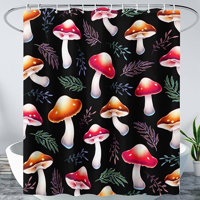 AILONEN Cartoon Mushroom Shower Curtain,Cute Red Mushroom Waterproof Fabric Bath Curtain for Kids Girls Boys,Natural Fungal Plants Shower Curtain Set for Bathroom 72" W*84" H
