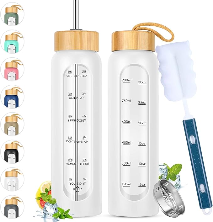 32 oz Glass Water Bottles with Straw - Motivational Glass Water Bottle with Time Marker & Silicone Sleeve - Reusable Glass Tumbler Includes 2 Bamboo Lids & Fruit Infuser - 1 Pack