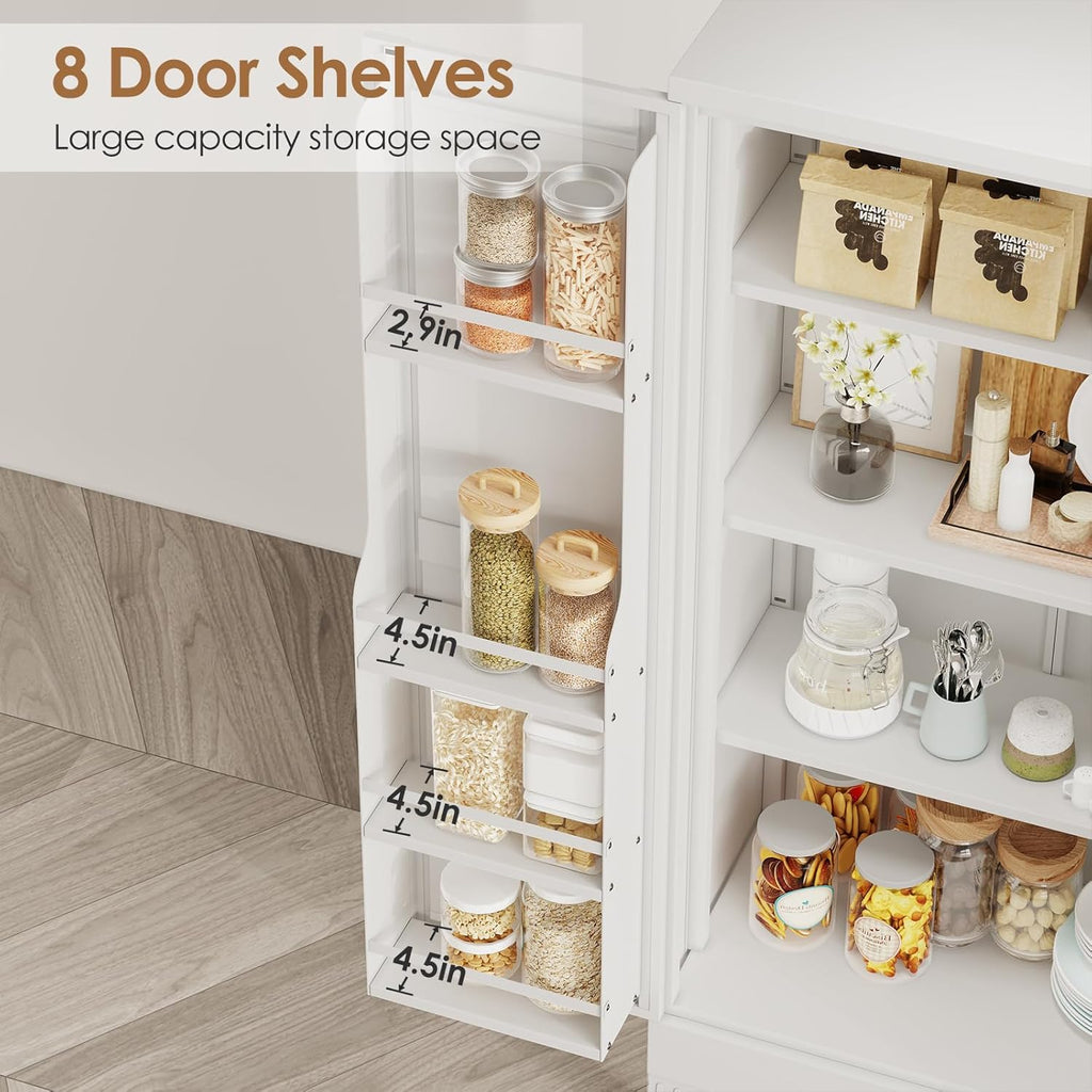 51" Kitchen Pantry Cabinet, Metal Storage Cabinet with 3 Adjustable Layer Shelves, 8 Door Shelves, Buffet Sideboard for Living Room, Kitchen, White